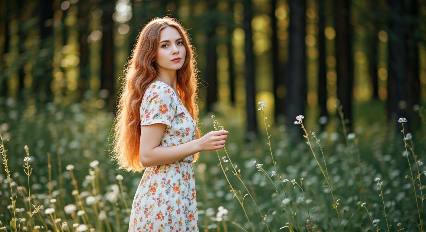 Woman in Floral Dress in Whimsical Forest, Impressionistic S...