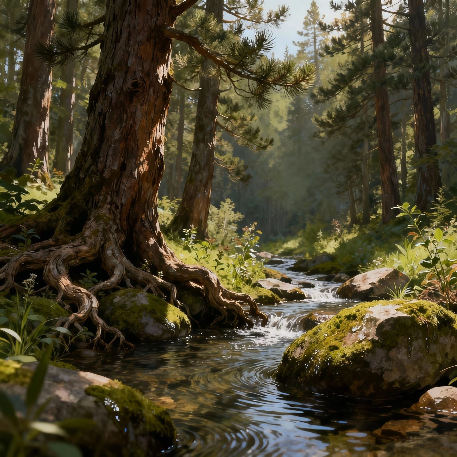 Ancient Forest Scene with Dragonfly Hunting