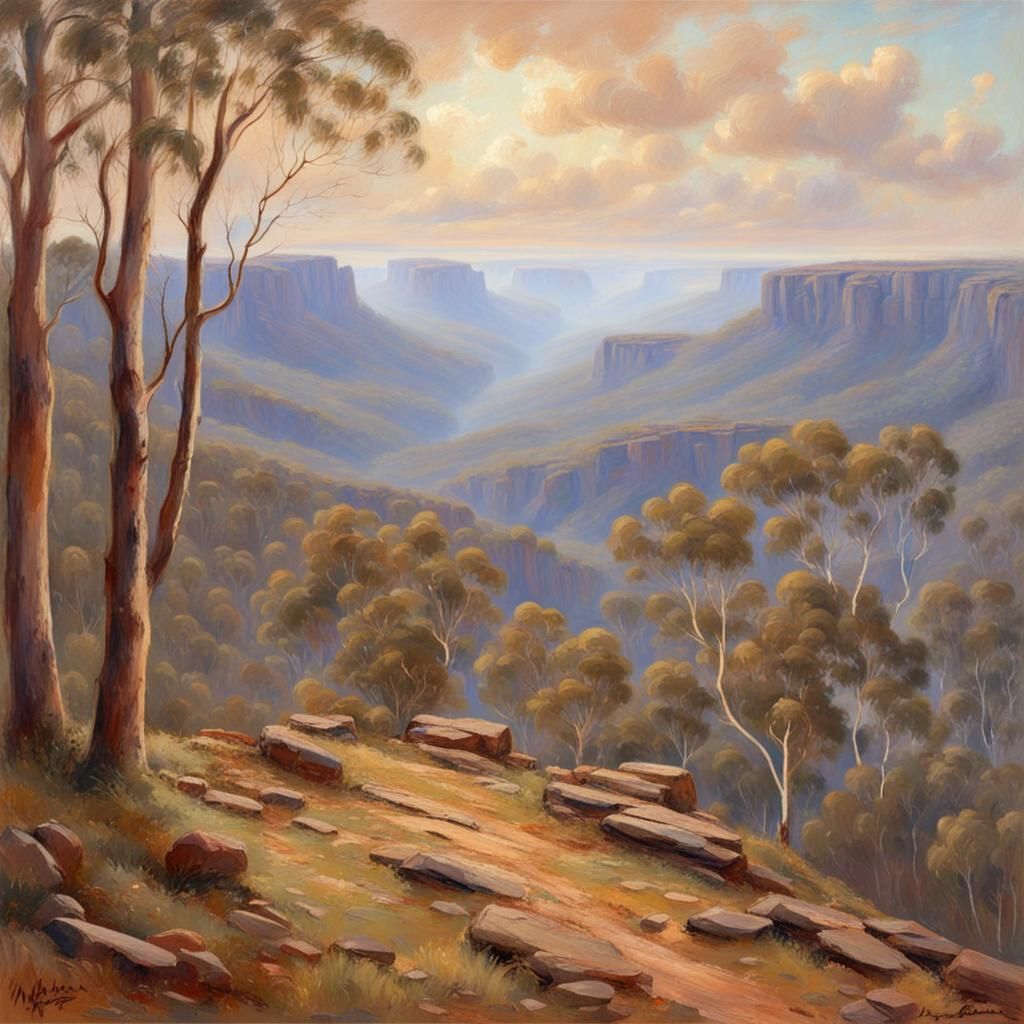 Blue Mountains Landscape in Impressionist Style