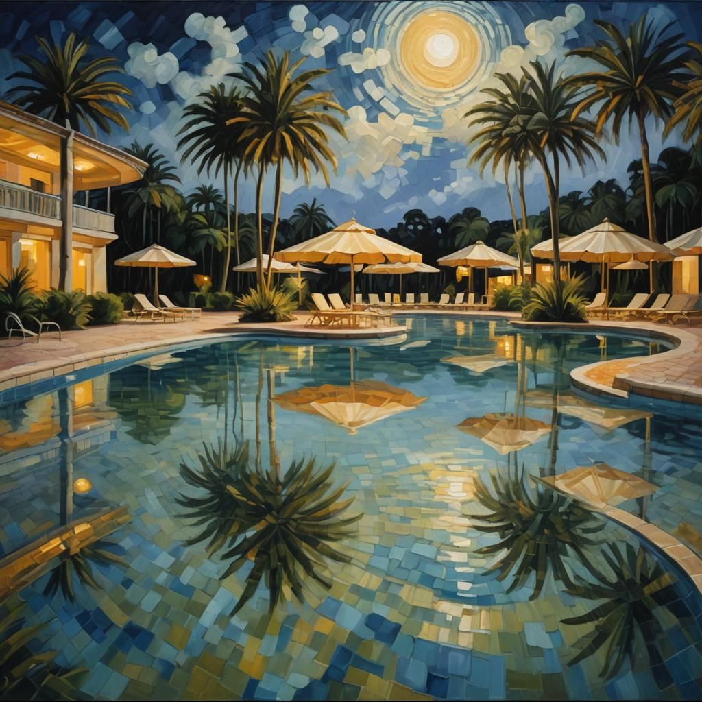 Surreal Swimming Pool at Night: Dali-esque Oil Painting
