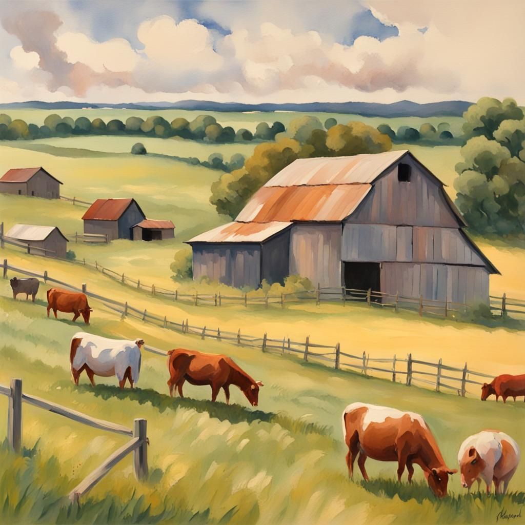 Gouache Countryside Scene with Grazing Livestock