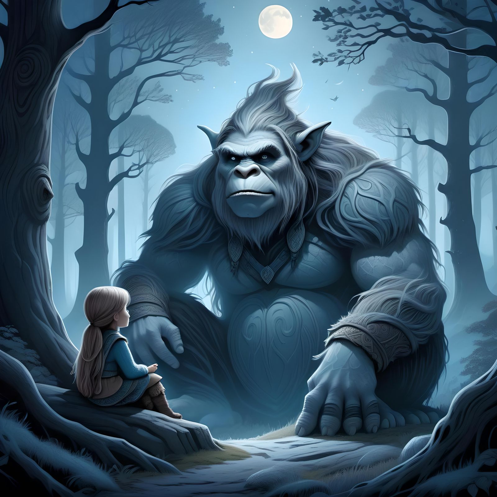 Fantasy Illustration: Girl and Troll in Moonlight