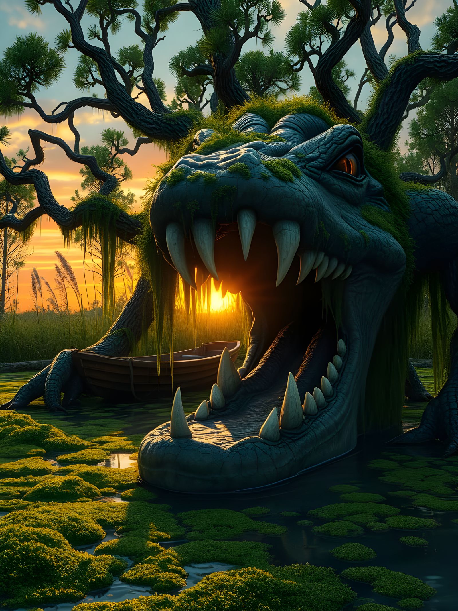 Moss-Covered Swamp Creature Rises from the Cypress Depths