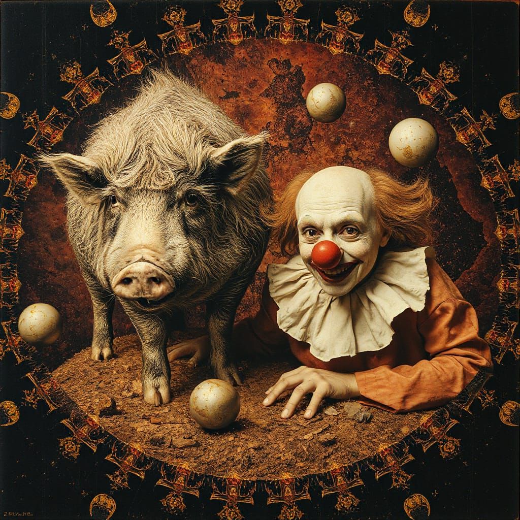 Psychedelic Hog and Clown in Surrealist Universe