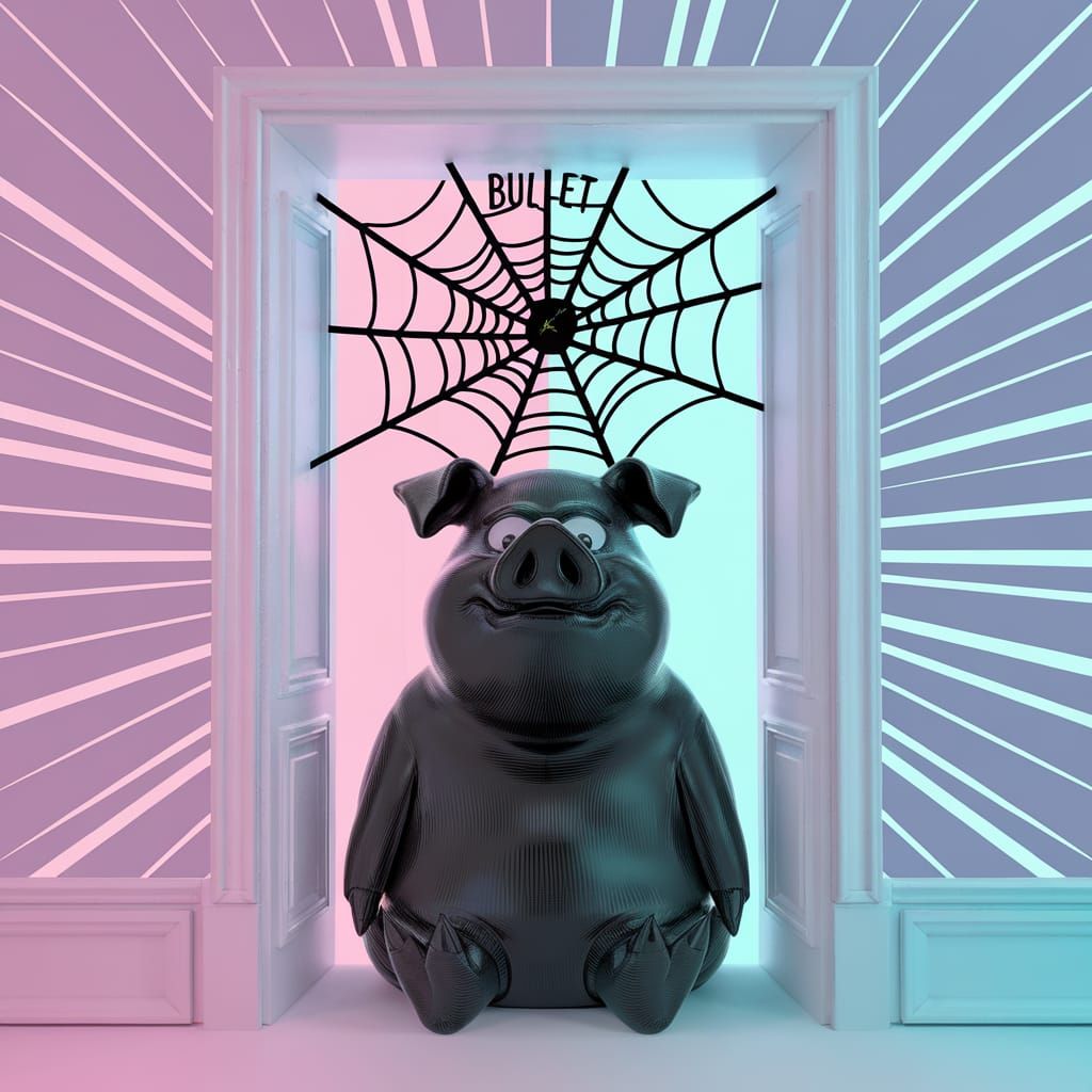 Pixar-Style Black Pig Under Spider Web