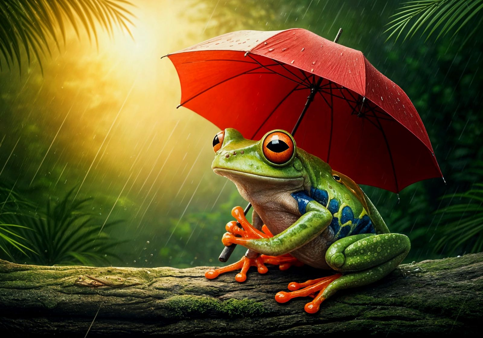 Frog Holds Umbrella in Tropical Rainstorm