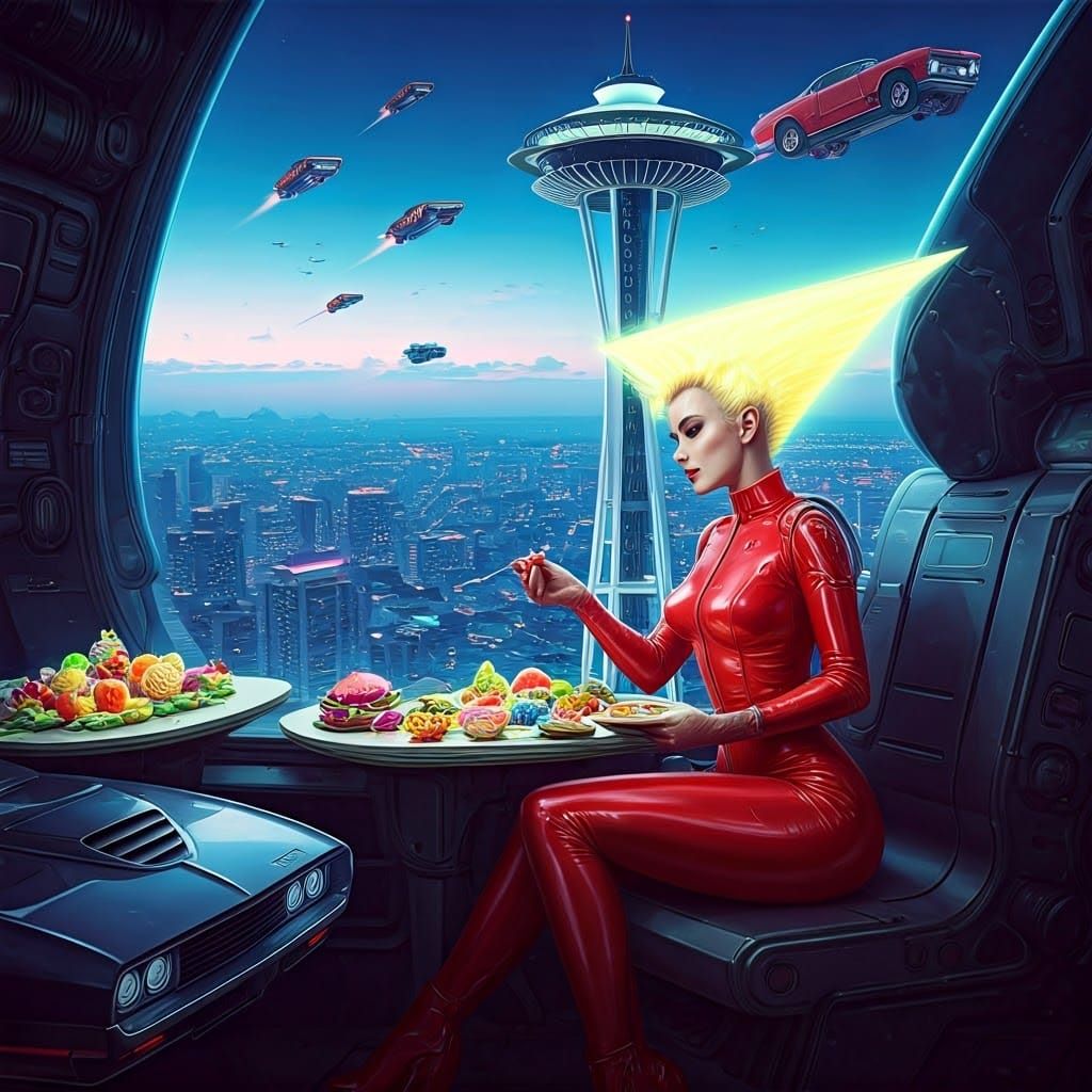 Woman in Retro-Futuristic Jumpsuit Enjoys Meal at Space Need...