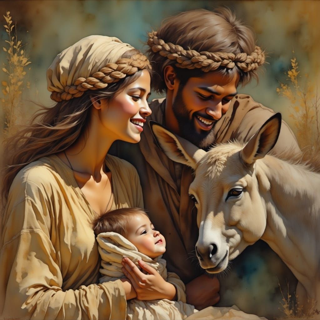 Nativity Scene with Mary, Joseph, Jesus, Lamb, and Donkey