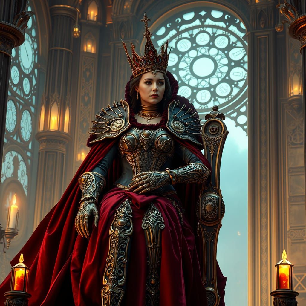 Steampunk Queen Surveys Dominion from Clockwork Throne Room