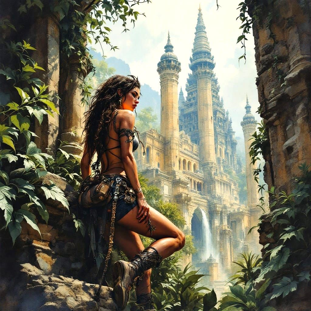 Creole Adventurer Climbing Atlantean Temple Ruins