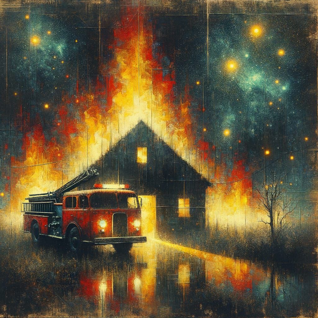 Moodlit Fire Truck in Expressionist Oil Painting