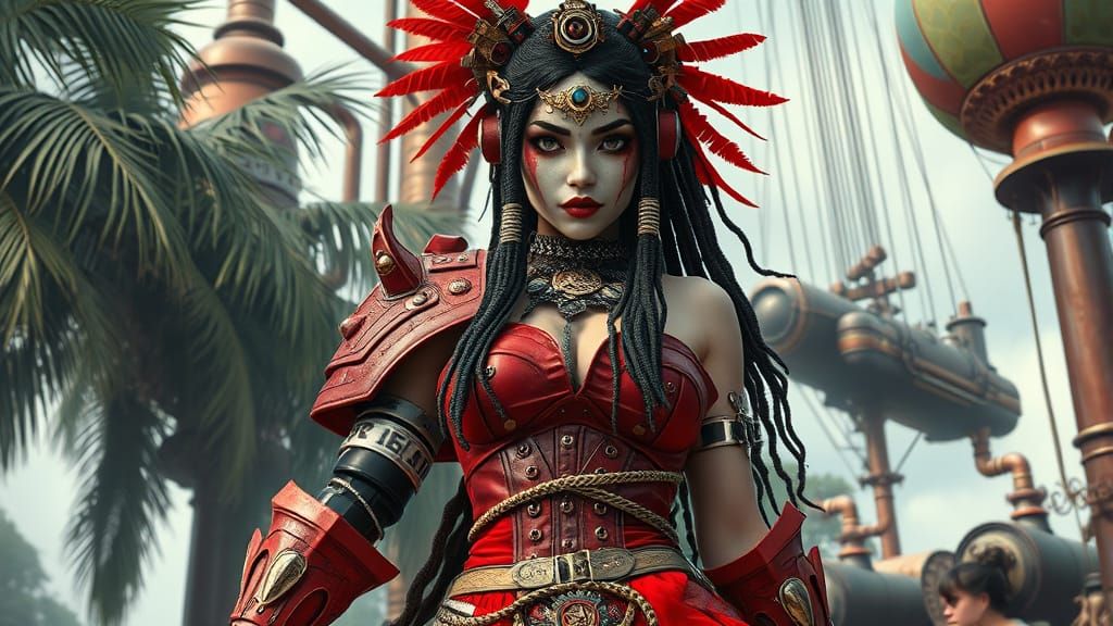 Elegant Steampunk GEISHA Warrior in Red Armor