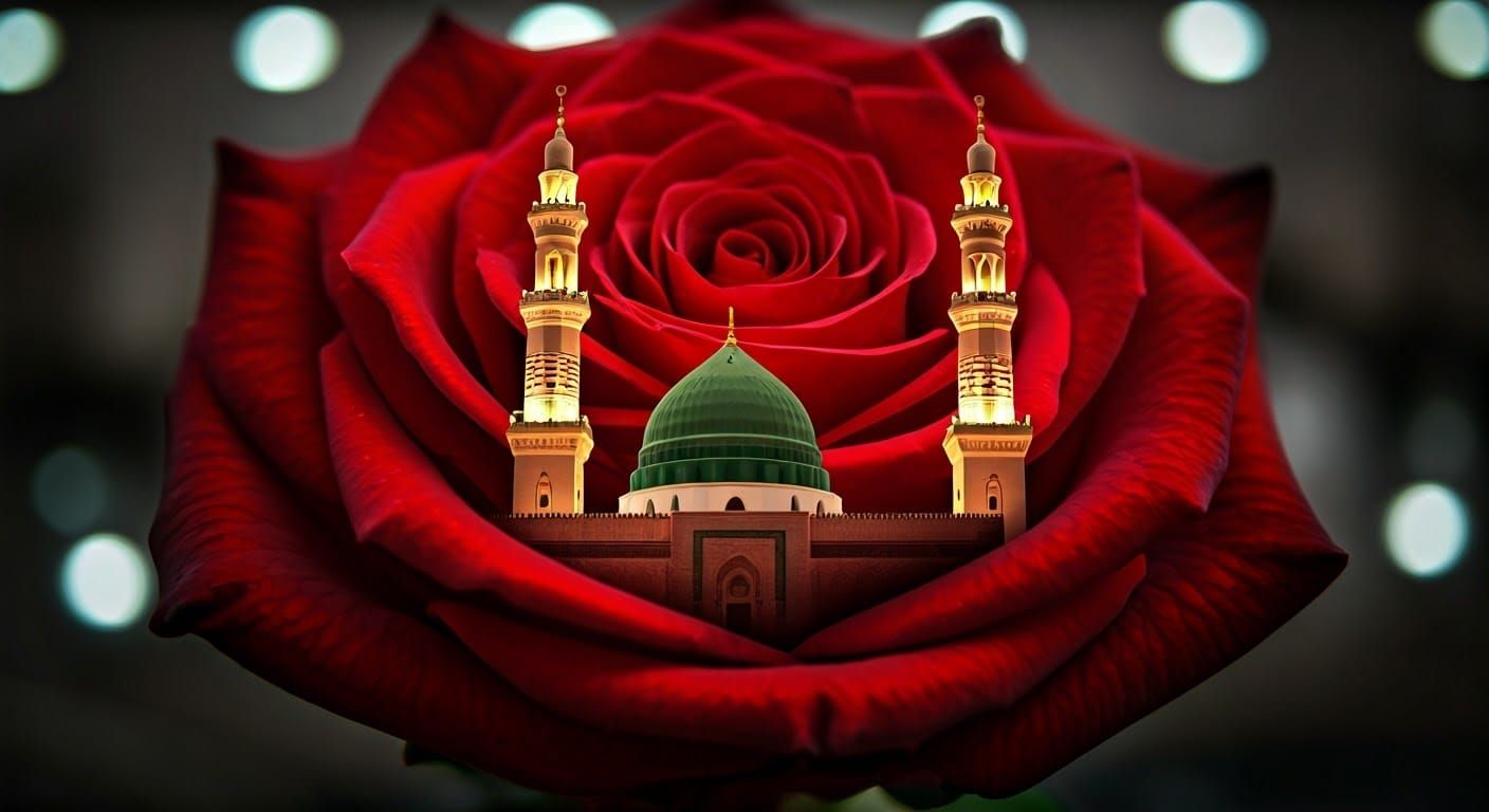 Rose Silhouette Merged with Masjid an-Nabawi in Digital Art