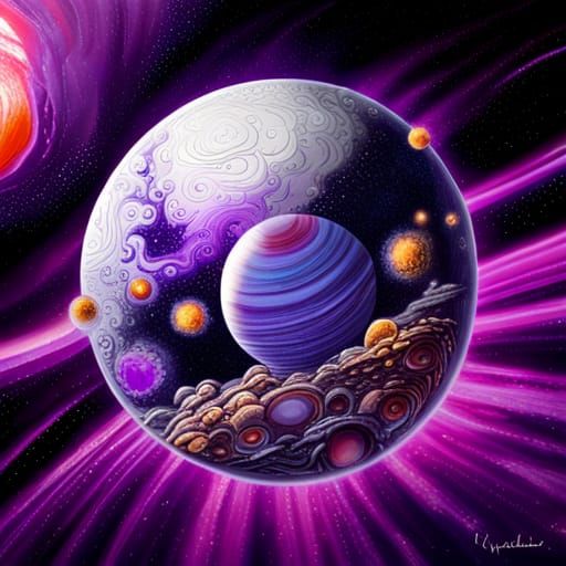 Purple Planet in Silver Nebula, Spacepunk Art