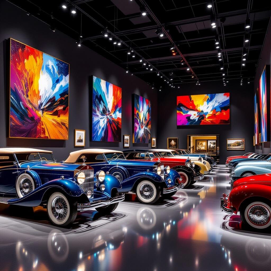Luxury Cars & Abstract Art in Opulent Museum