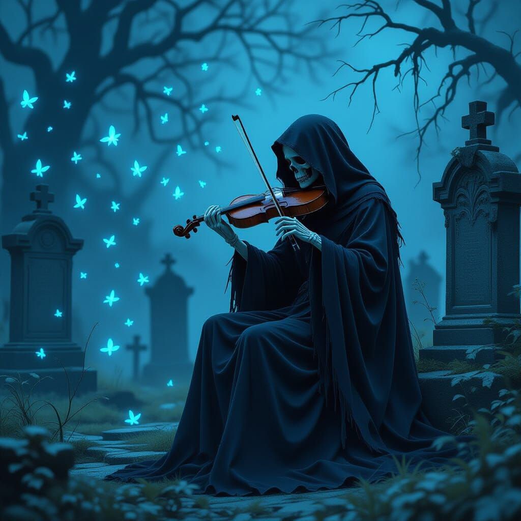 Skeletal Musician in Gothic Cemetery