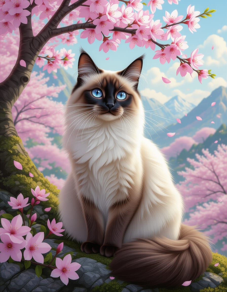 Siamese Cat in Sakura Garden: Realistic Detailed Rendering