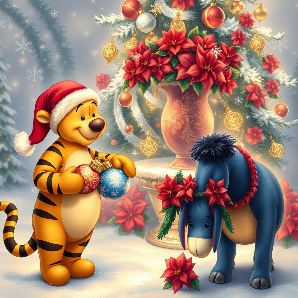 Winnie the Pooh Christmas Scene in Kinkade Style