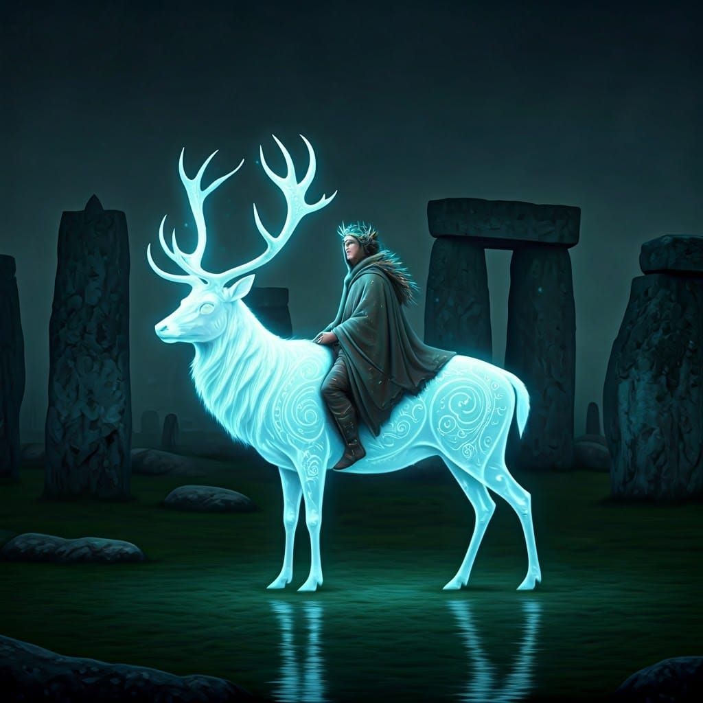 Ethereal Druid Rides Stag Through Stonehenge