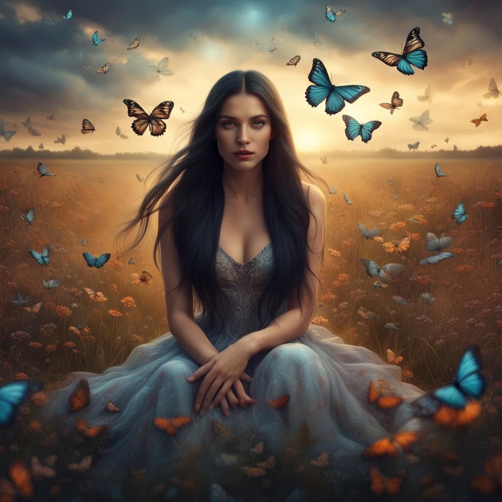 Woman in Dream Field with Butterflies: Digital Painting