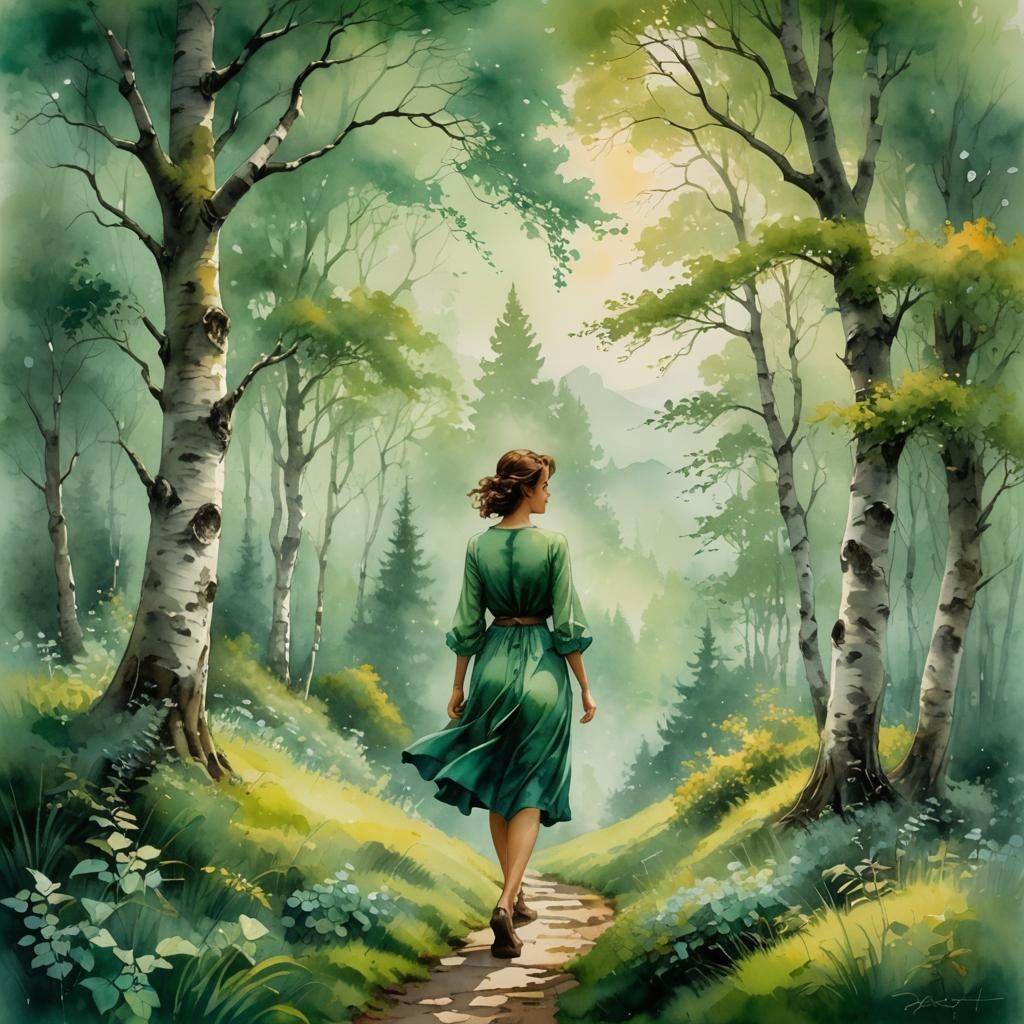 Lush Green Hillside: Watercolor Alcohol-Ink Fantasy