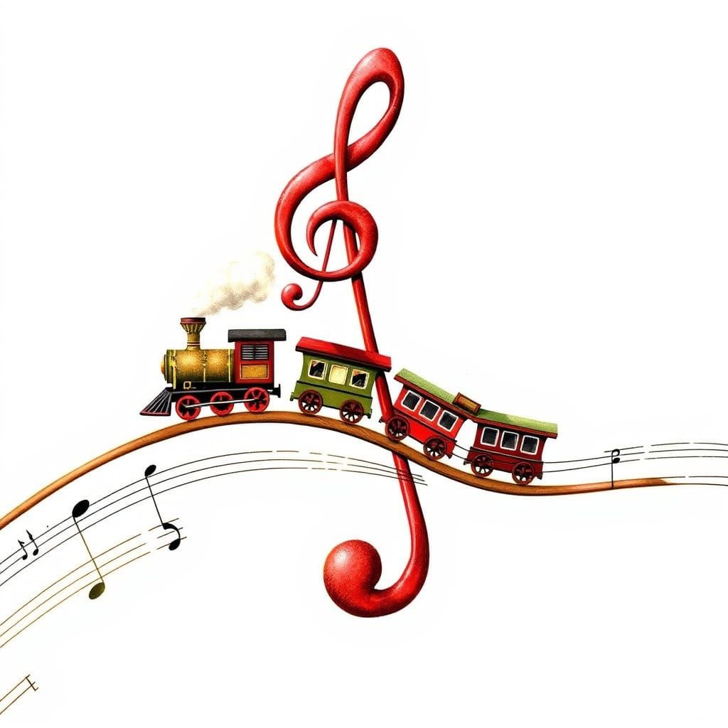 Whimsical Train Chugs Along Musical Staff in Steampunk Style