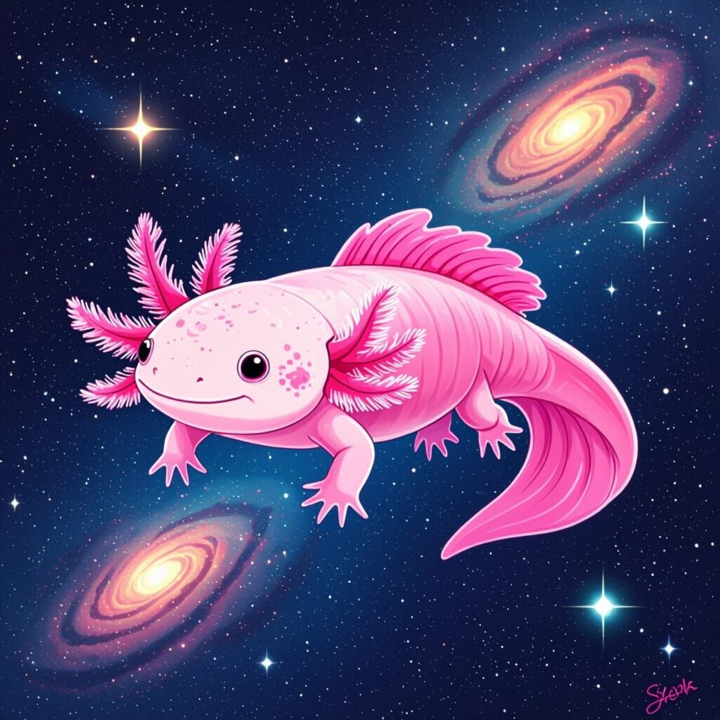 Neon Pink Axolotl in Space, a Surreal Digital Art
