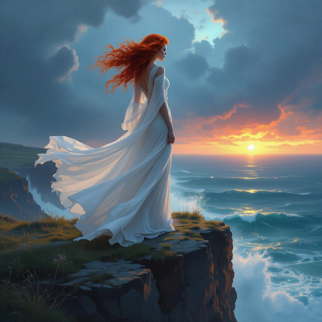 Fantasy Woman on Cliff, Matte Painting Style
