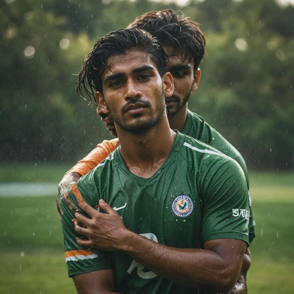 Football Athletes Embrace: Splash Art with Intense Colors