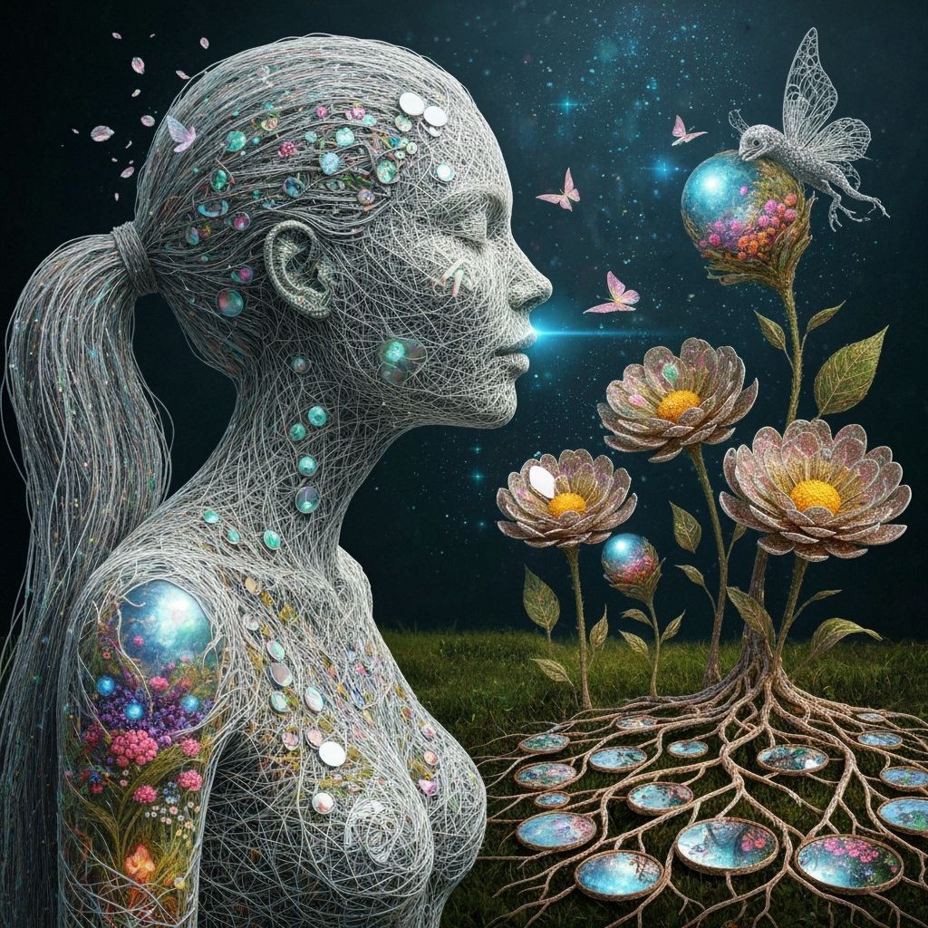 Ethereal String Woman Kissing Bioluminescent Garden