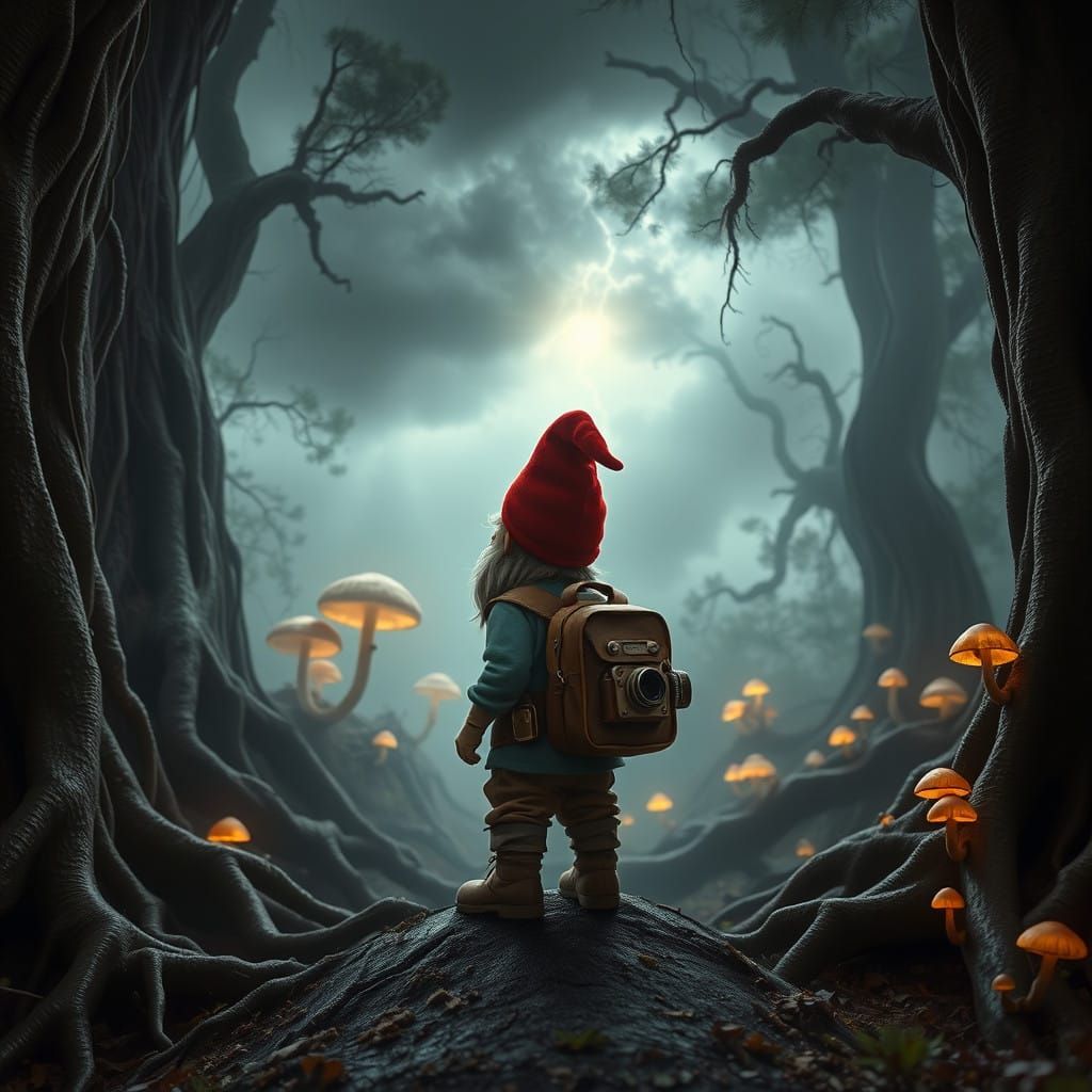 Ethereal Gnome Adventurer Amidst a Stormy, Ancient Landscape