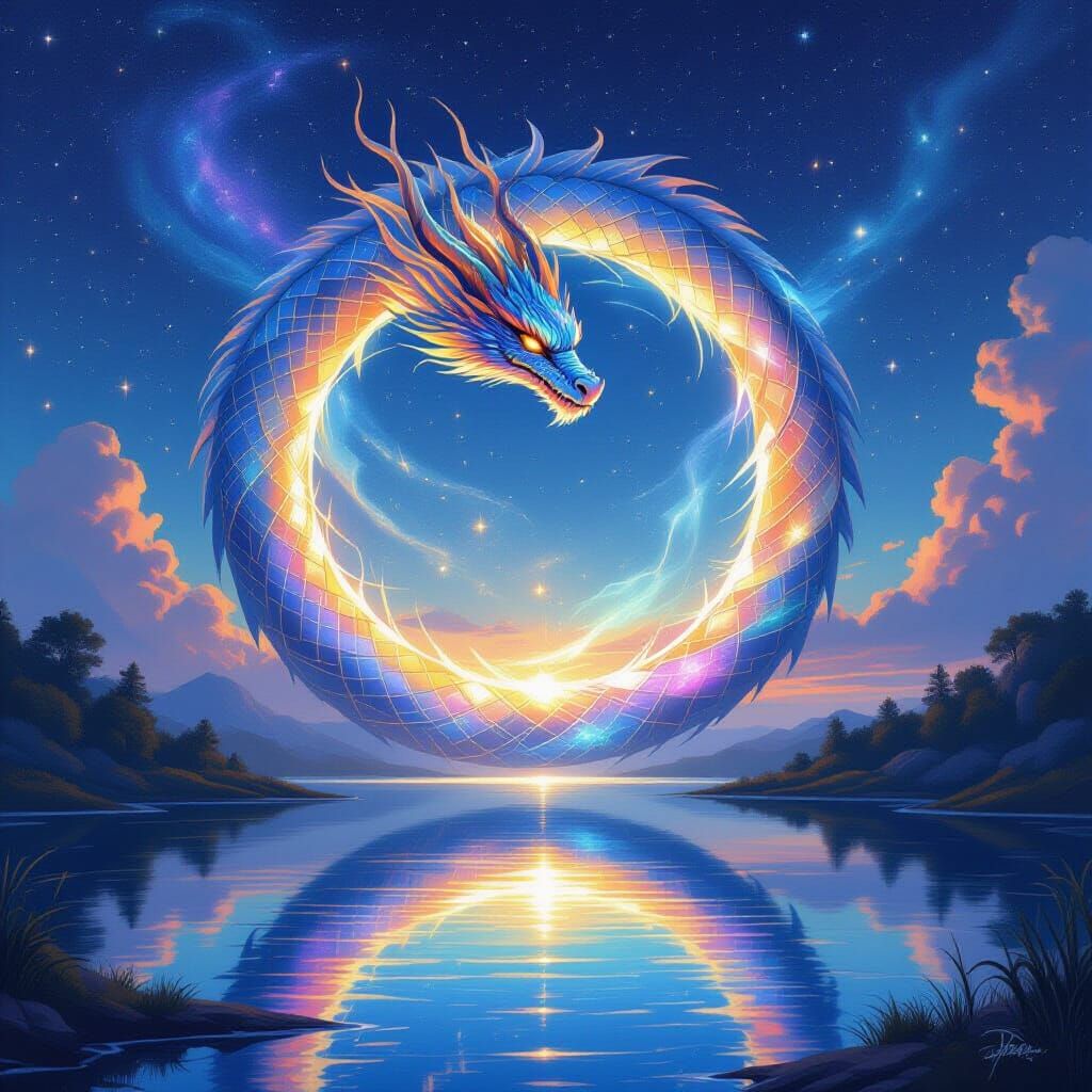Celestial Dragon Coiling Around Shimmering Portal