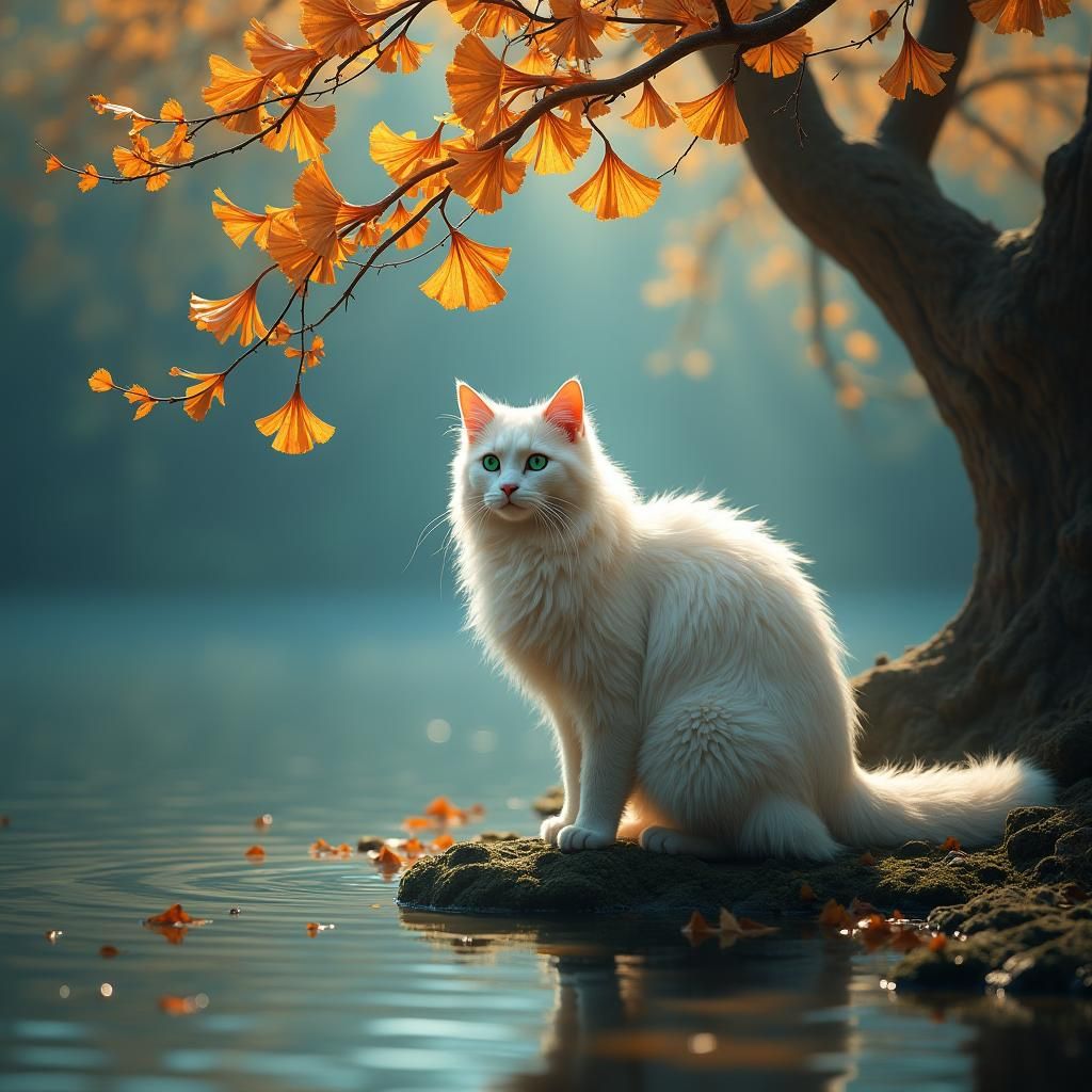 Angora Cat in Autumn Landscape as Digital Art