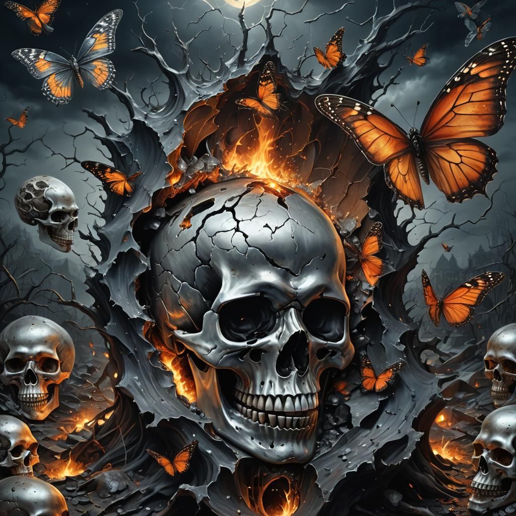 Surreal Molten Core Painting with Butterflies and Skulls