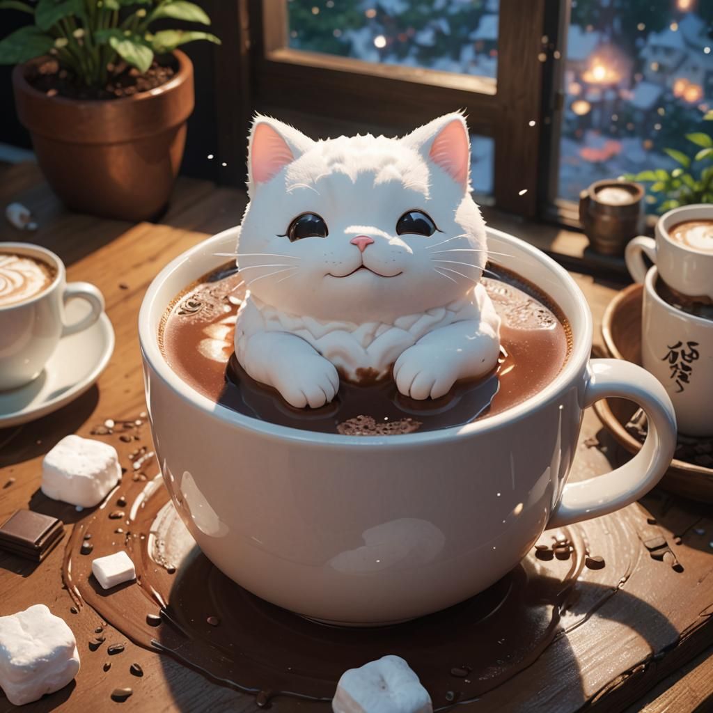 Marshmallow Cat in Hot Chocolate: Ghibli Anime