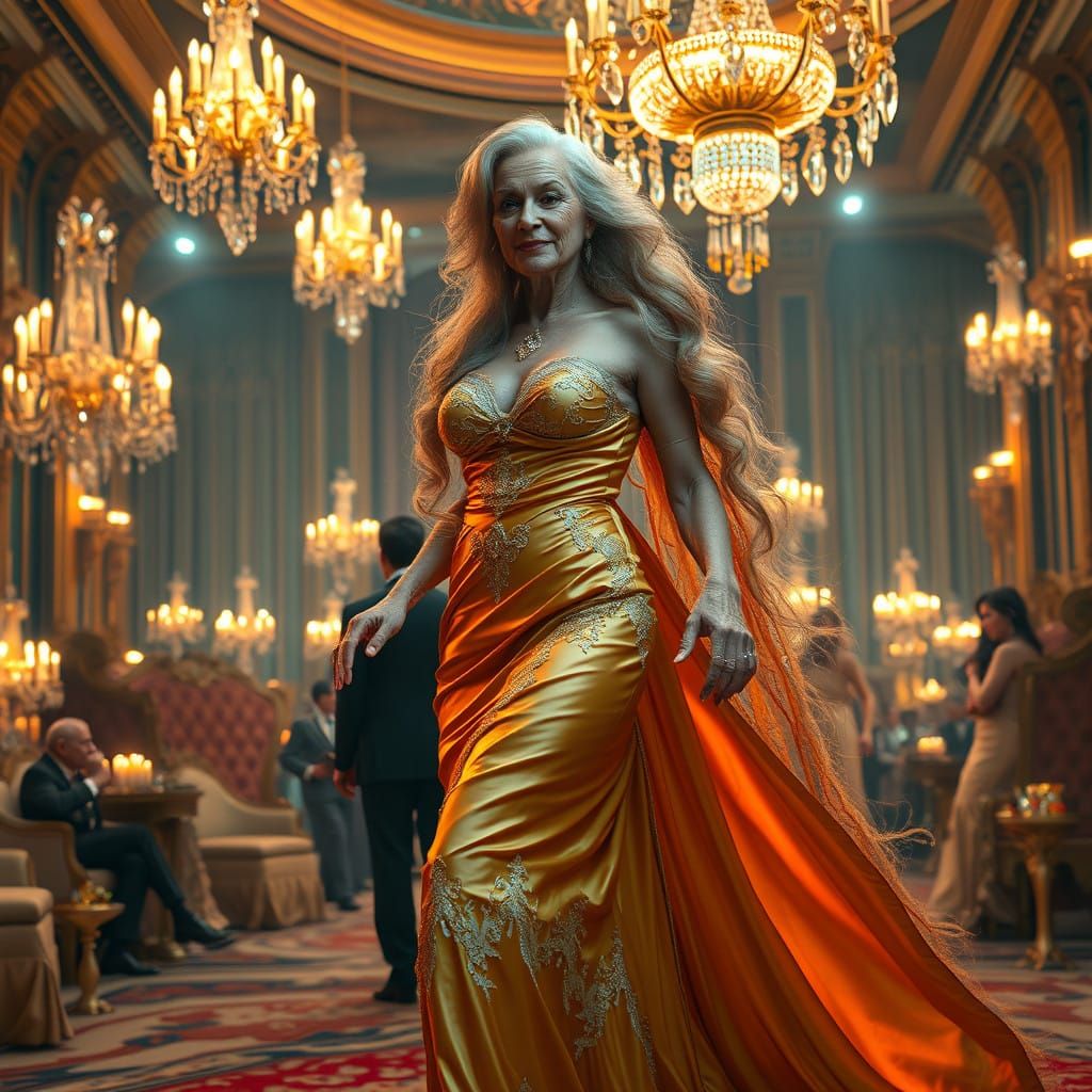 Elegant Elderly Transvestite as Cinderella in Lavish Golden...