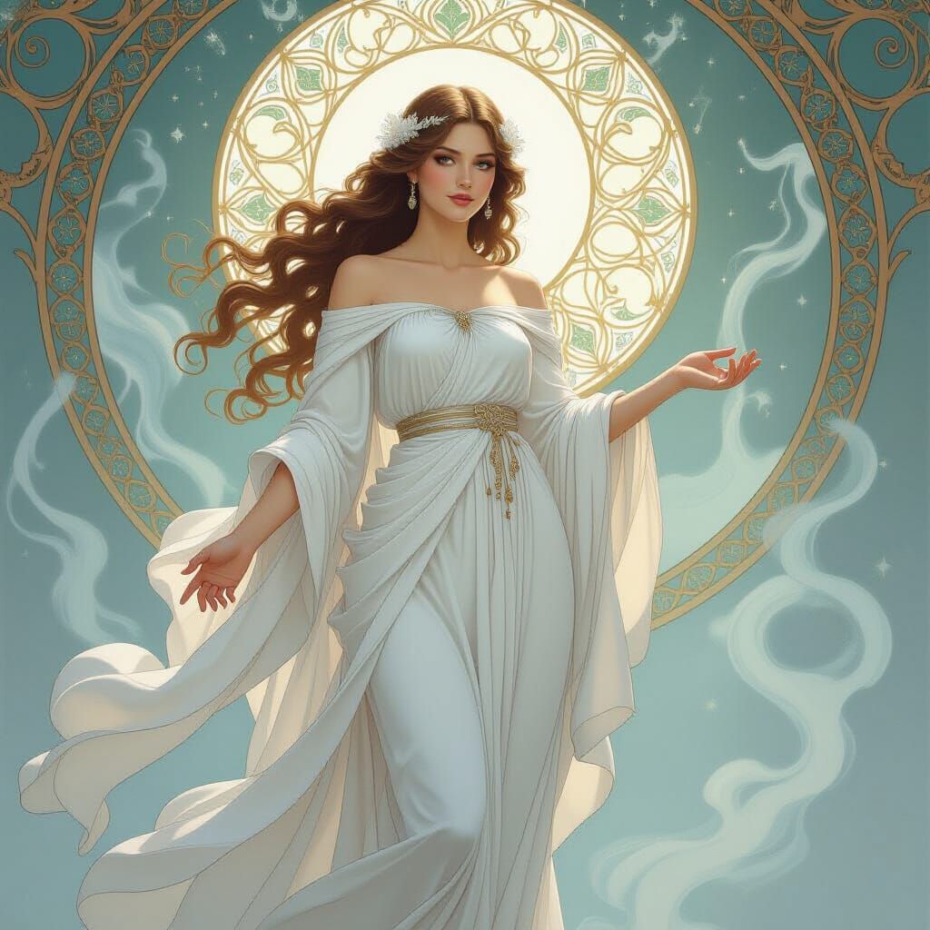 Ethereal Goddess in Flowing Robes, Art Nouveau Style