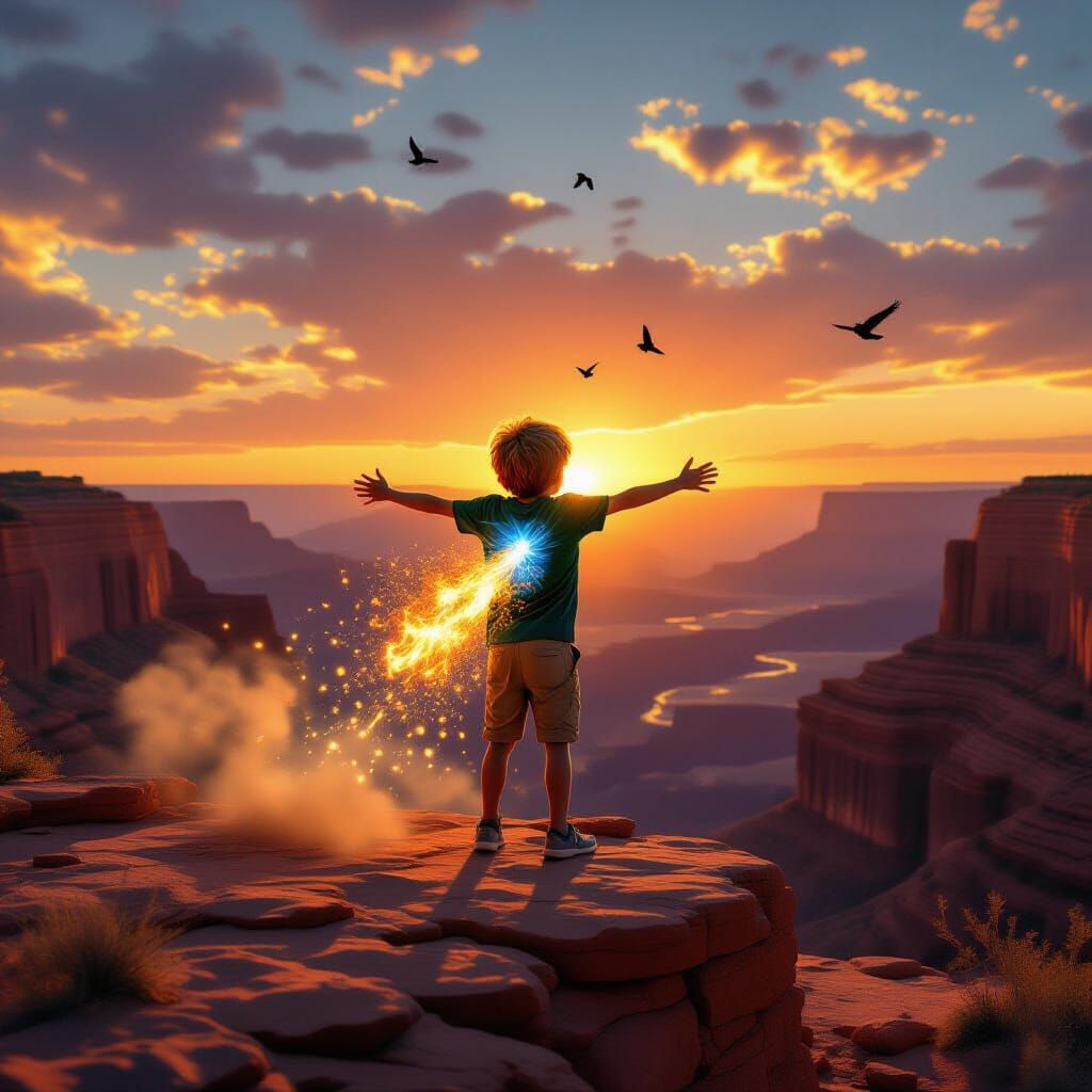 Boy Leaping from Canyon at Sunset with Fiery Chest Blast