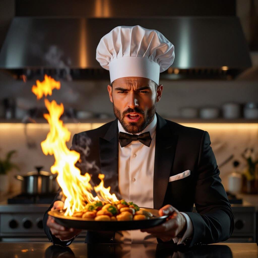 Dismayed Influencer with Flaming Food, Photorealistic Style