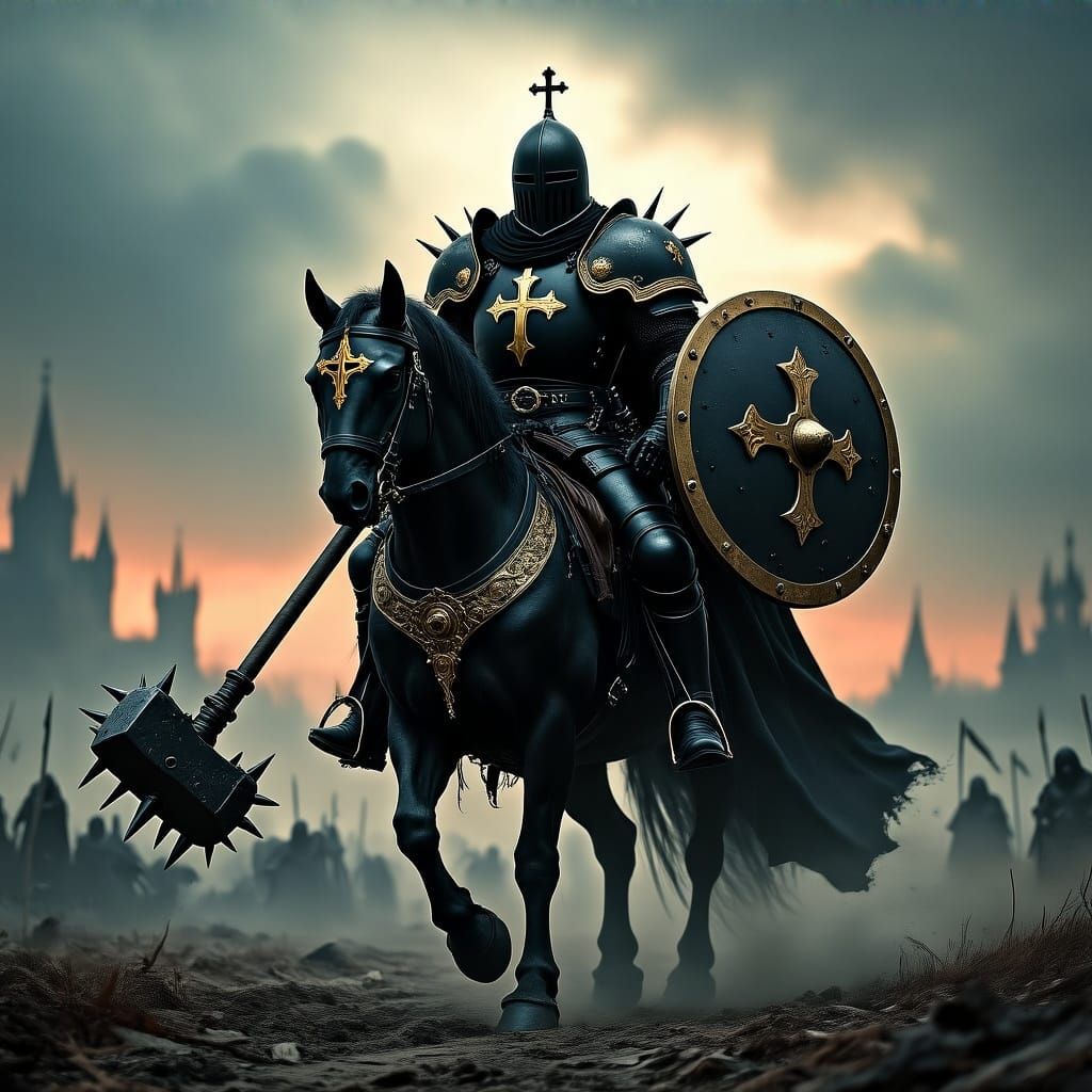 Dark Fantasy Knight in Black Medieval Armor with Gold Accent...