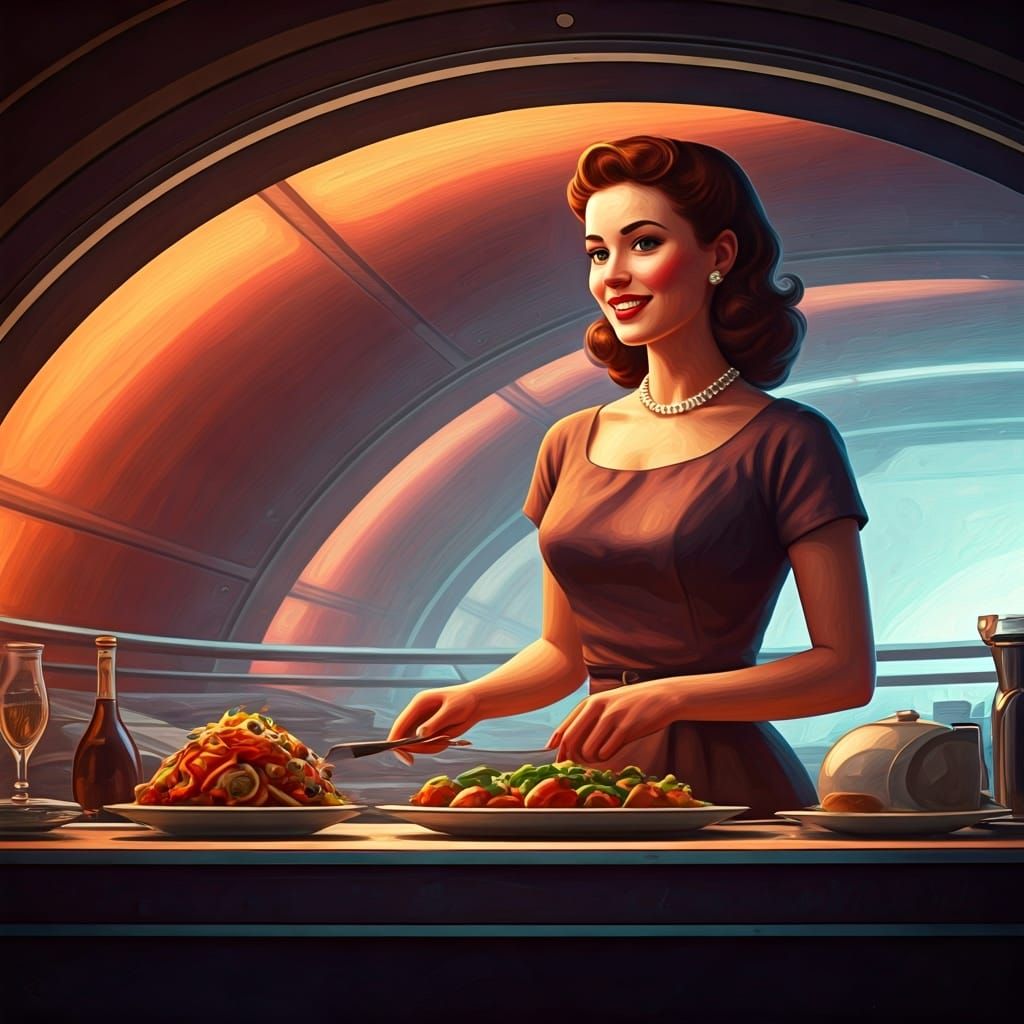 Retrofuturistic Tradwife Cooking in Orbital Kitchen, Hyperre...
