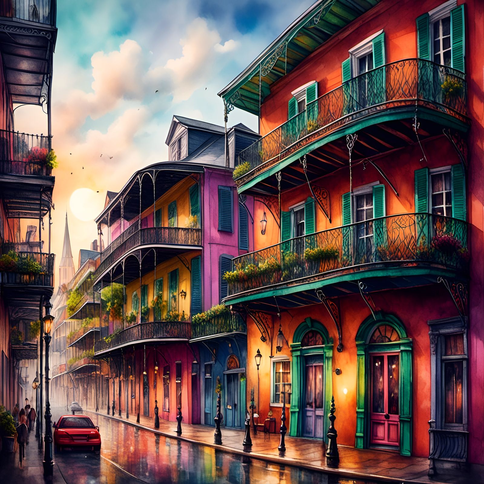 Vibrant Watercolor of New Orleans French Quarter
