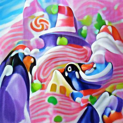 Penguin in Vibrant Candyland Gouache Painting