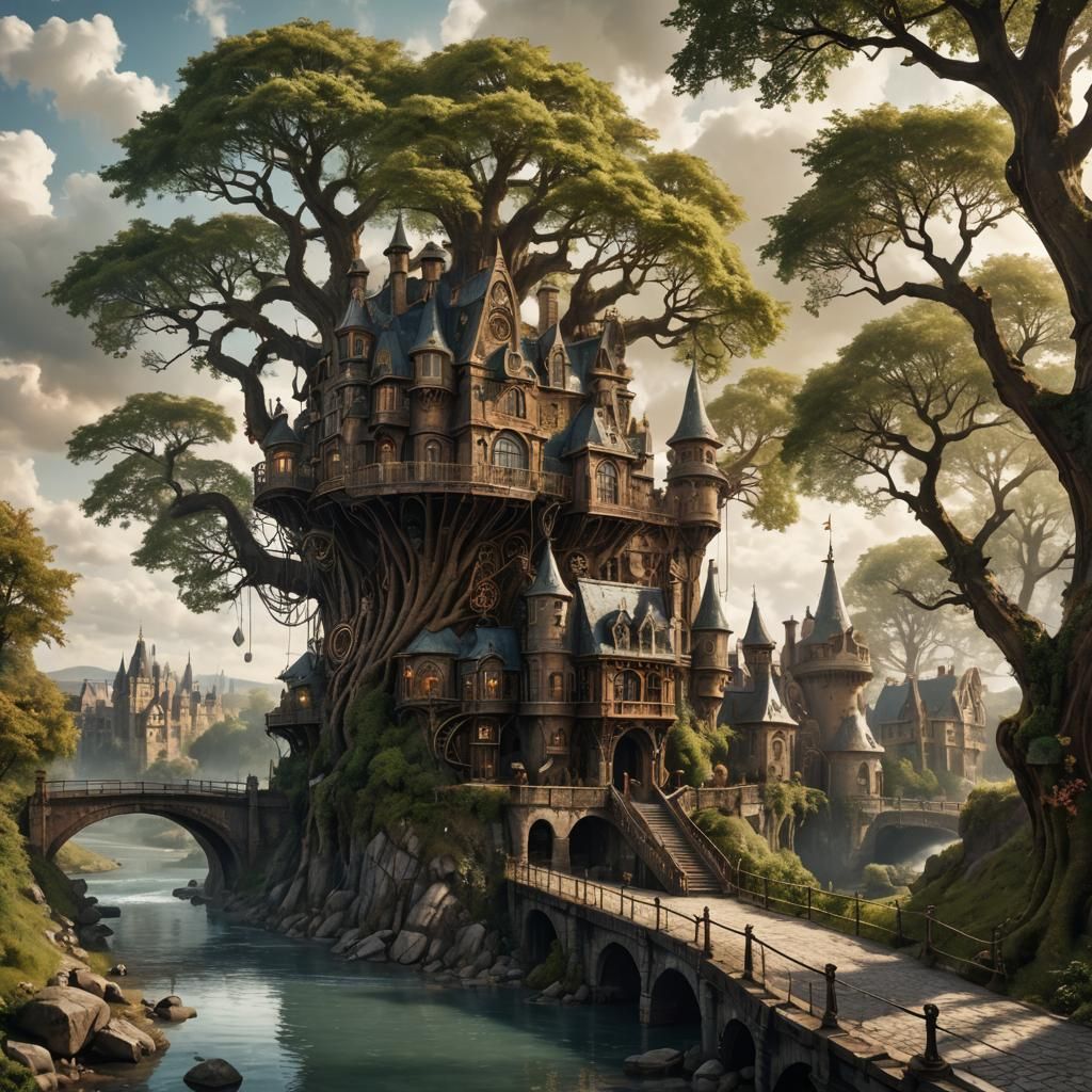 Steampunk Landscape with Willow Tree and Castle