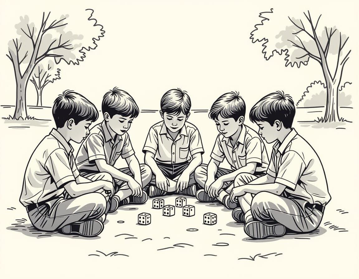 Line Drawing of Boys Playing Dice in a Park