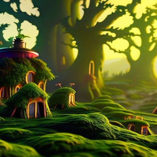 Golden Hour Solarpunk Village in Fantasycore Style