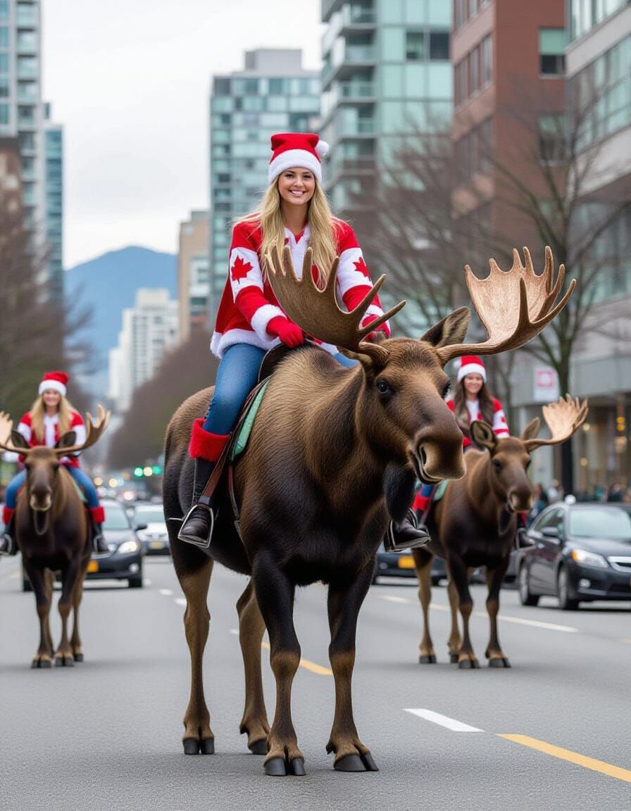 Canadian Lass Rides Moose Through Vancouver Streets