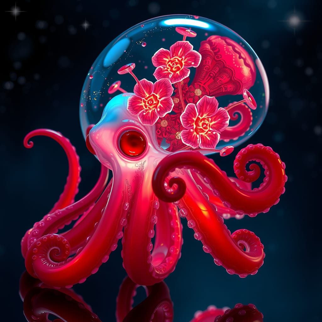 Glass Octopus with Bioluminescent Fractal Plants in Anime Ar...