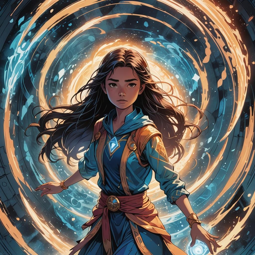Mystical Girl Stepping Through Portal in Comic Book Style