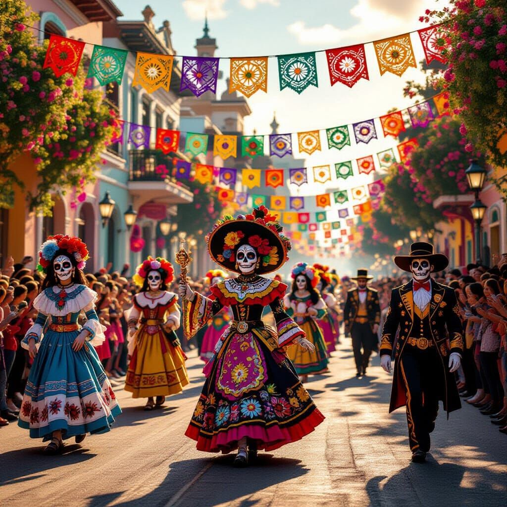 Vibrant Day of the Dead Parade with Sugar Skulls